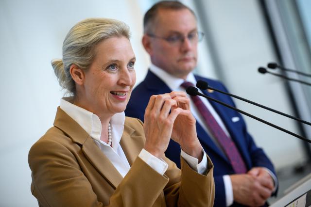 07 July 2026, Berlin: Alice Weidel (L) and Tino Chrupalla, co-chairs of the Alternative for Germany parliamentary group in the Bundestag, comment on currentissues ahead of the parliamentary group's meeting. The Bundestag is holding its final sitting week before the summer recess. Photo: Bernd von Jutrczenka/dpa