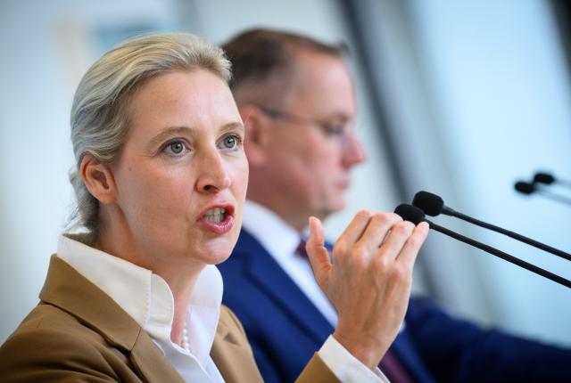 07 July 2026, Berlin: Alice Weidel (L) and Tino Chrupalla, co-chairs of the Alternative for Germany parliamentary group in the Bundestag, comment on currentissues ahead of the parliamentary group's meeting. The Bundestag is holding its final sitting week before the summer recess. Photo: Bernd von Jutrczenka/dpa