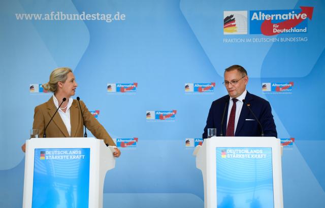 07 July 2026, Berlin: Alice Weidel (L) and Tino Chrupalla, co-chairs of the Alternative for Germany parliamentary group in the Bundestag, comment on current issues ahead of the parliamentary group's meeting. The Bundestag is holding its final sitting week before the summer recess. Photo: Bernd von Jutrczenka/dpa