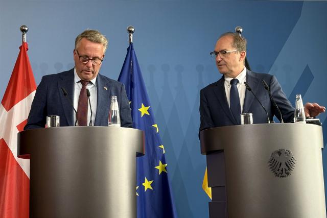 09 July 2026, Berlin: German Minister of the Interior Alexander Dobrindt (R) and Danish Minister for Migration and Integration Morten Bodskov speak during a press conference at the Federal Ministry of the Interior (BMI). Photo: Anne-Beatrice Clasmann/dpa