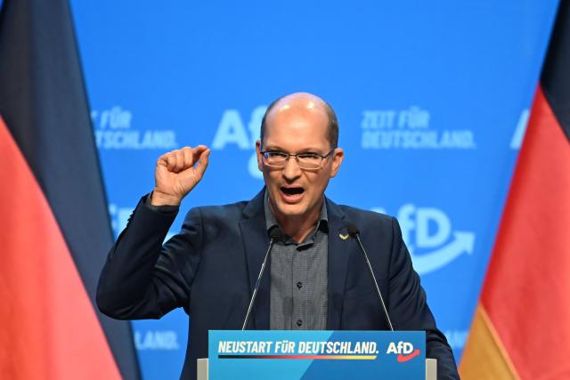 FILED - 04 July 2026, Thüringen, Erfurt: Stefan Moeller, a member of the Bundestag and co-chair of the AfD's Thuringia state chapter, speaks at the AfD's national party convention. Photo: Katharina Kausche/dpa