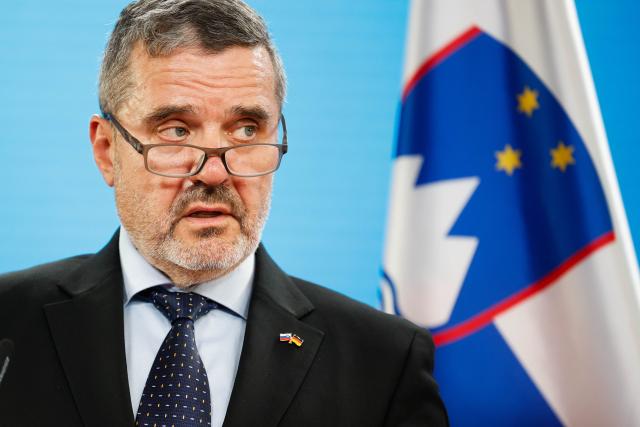 10 July 2026, Berlin: Slovenian Minister of Foreign Affairs Tone Kajzer attends a press conference with his German counterpart Johann Wadephul following their meeting. Photo: Carsten Koall/dpa