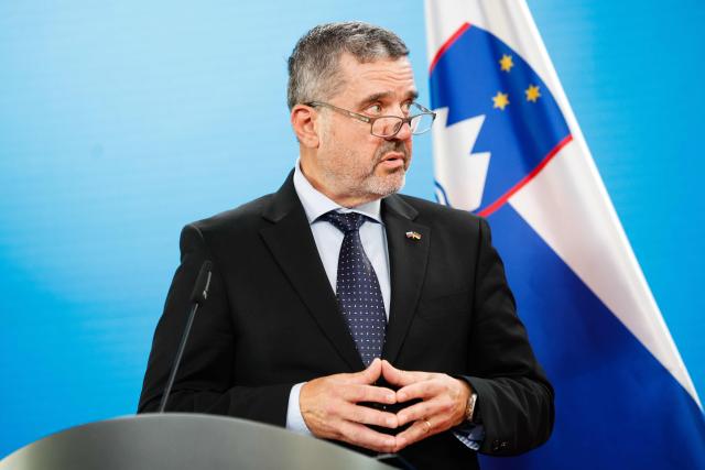 10 July 2026, Berlin: Slovenian Minister of Foreign Affairs Tone Kajzer attends a press conference with his German counterpart Johann Wadephul following their meeting. Photo: Carsten Koall/dpa