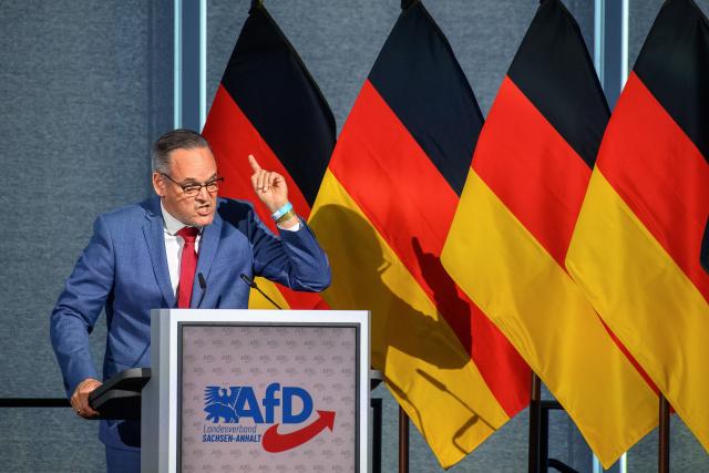 11 July 2026, Saxony-Anhalt, Magdeburg: Martin Reichardt, state chairman of the AfD in Saxony-Anhalt, addresses the delegates at the AfD Saxony-Anhalt state party convention. A new state executive committee is to be elected at the convention. Photo: Klaus-Dietmar Gabbert/dpa