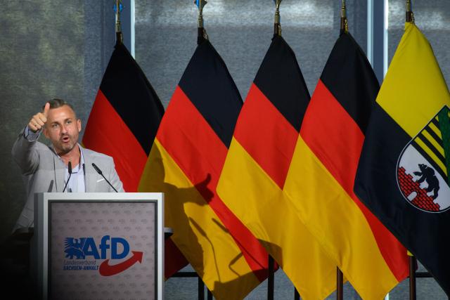 11 July 2026, Saxony-Anhalt, Magdeburg: Ulrich Siegmund (AfD), the AfD's top candidate in the state election in Saxony-Anhalt, addresses the delegates at the AfD Saxony-Anhalt state party convention. At the convention, the delegates plan to elect a new executive board. Photo: Klaus-Dietmar Gabbert/dpa