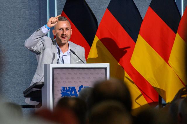 11 July 2026, Saxony-Anhalt, Magdeburg: Ulrich Siegmund (AfD), the AfD's top candidate in the state election in Saxony-Anhalt, addresses the delegates at the AfD Saxony-Anhalt state party convention. At the convention, the delegates plan to elect a new executive board. Photo: Klaus-Dietmar Gabbert/dpa