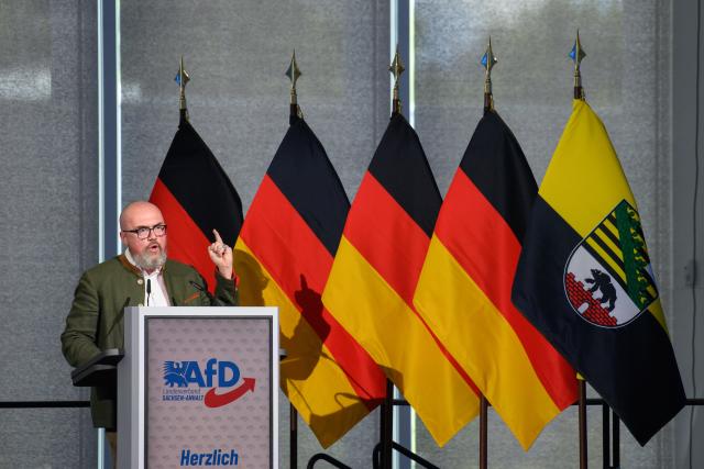 11 July 2026, Saxony-Anhalt, Magdeburg: Hans-Thomas Tillschneider addresses the delegates at the AfD state party convention in Saxony-Anhalt. A new state executive committee is to be elected at the convention. Photo: Klaus-Dietmar Gabbert/dpa