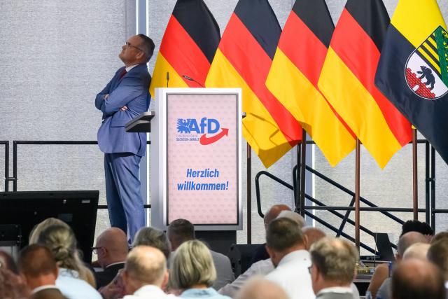 11 July 2026, Saxony-Anhalt, Magdeburg: Martin Reichardt (AfD), state chairman of the AfD in Saxony-Anhalt, stands on stage at the AfD Saxony-Anhalt state party convention, waiting for the election results to be announced in the race for state chairman. A new state executive committee is to be elected at the party convention. The state chairman was re-elected at the state party convention. Photo: Klaus-Dietmar Gabbert/dpa