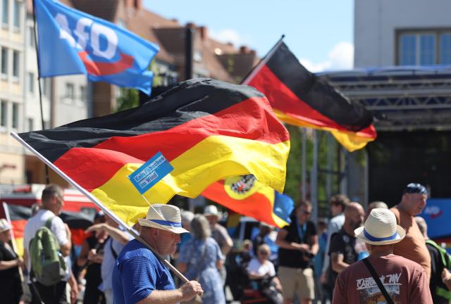 11 July 2026, Mecklenburg-Western Pomerania, Rostock: Participants in an Alternative for Germany (AfD) rally under the slogan "Stop Leftist Violence!" hold German flags and flags bearing the AfD logo at the Neuer Markt. Photo: Danny Gohlke/dpa
