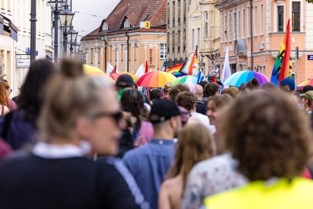 11 July 2026, Brandenburg, Cottbus: People take part in a demonstration marking the 18th Christopher Street Day (CSD) in Cottbus and Lower Lusatia. Photo: Frank Hammerschmidt/dpa