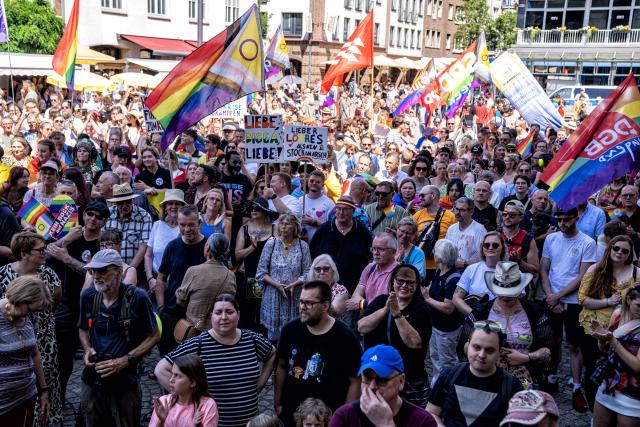 11 July 2026, North Rhine-Westphalia, Wesel: People take part in a demonstration marking the Christopher Street Day (CSD) in Wesel. Photo: Arnulf Stoffel/dpa