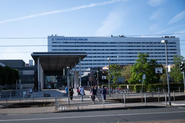 13 July 2026, Hesse, Frankfurt/M.: A view of the main entrance to the University Hospital. A US citizen infected with the Ebola virus has been flown to Germany for treatment. Photo: Florian Wiegand/dpa