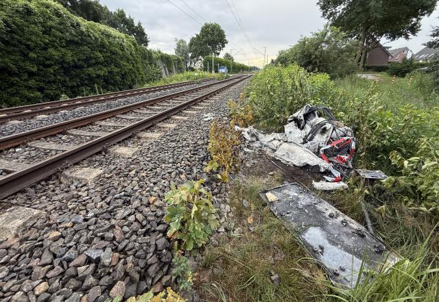 14 July 2026, Lower Saxony, Neu Wulmstorf: The charred remains of a railway distribution box are seen after a suspected arson attack in Neu Wulmstorf. Train services between Hamburg and Cuxhaven were suspended after a fire damaged the installation overnight. Photo: Sebastian Peters/NEWS5/dpa