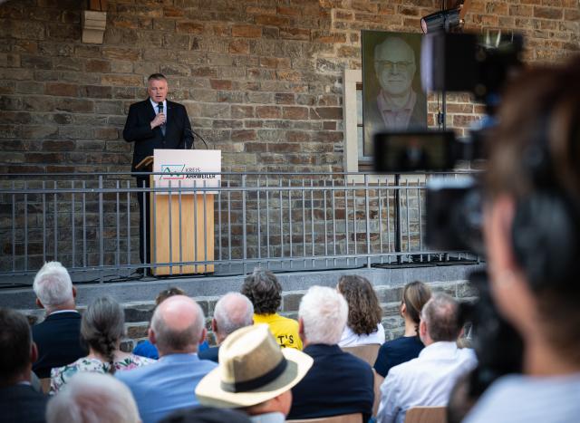 14 July 2026, Rhineland-Palatinate, Altenahr: Gordon Schnieder, Minister-President of Rhineland-Palatinate, speaks during the opening of the exhibition "We AHR Strong. Five Years, A New Perspective." Photo: Hannes P. Albert/dpa