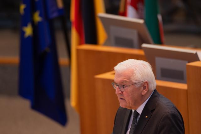 14 July 2026, North Rhine-Westphalia, Duesseldorf: German President Frank-Walter Steinmeier speaks during a state memorial event marking the fifth anniversary of the 2021 flood disaster at the State Parliament. Photo: Rolf Vennenbernd/dpa