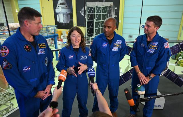 14 July 2026, Bremen: The astronauts of the Artemis II mission Jeremy Hansen, mission specialist of the Canadian Space Agency (CSA), Christina Koch, mission specialist, Victor Glover, pilot, 
and Reid Wiseman, commander, give interviews at an event about the Artemis II mission hosted by NASA and Airbus. Photo: Carmen Jaspersen/dpa