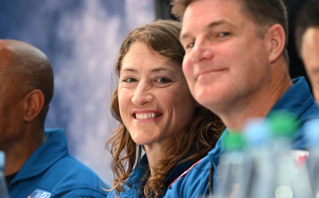 14 July 2026, Bremen: NASA astronauts Christina Koch, mission specialist, and Jeremy Hansen, mission specialist with the Canadian Space Agency (CSA), attend an event about the Artemis II mission hosted by NASA and Airbus. Photo: Carmen Jaspersen/dpa