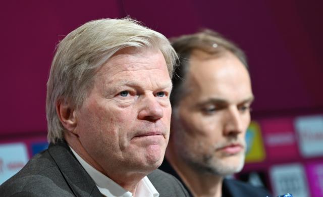 FILED - 25 March 2023, Bayern, Munich: FILE PHOTO - Bayern Munich new head coach Thomas Tuchel (R) sits next to CEO Oliver Kahn at a press conference following the coaching change at Bayern Munich. Former Germany goalkeeper Oliver Kahn has backed England coach Thomas Tuchel after his criticism on players despite reaching the World Cup semi-finals. Photo: Angelika Warmuth/dpa