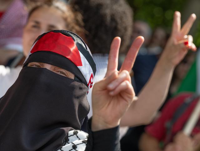 18 July 2026, Hesse, Frankfurt am Main: People take part in a pro-Palestinian demonstration outside the Alte Oper in Frankfurt am Main. Photo: Boris Roessler/dpa