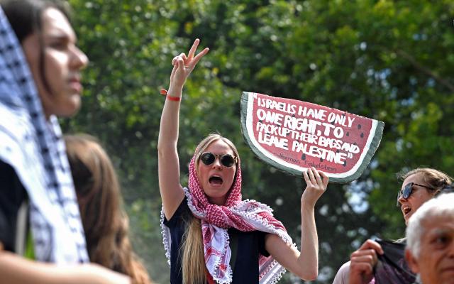 18 July 2026, Hesse, Frankfurt am Main: A participant waves during a pro-Palestinian demonstration outside the Alte Oper in Frankfurt am Main, Germany. The demonstration is held under the slogan: "Resistance is international law - Palestine has the right to defend itself, even with stones and guns!" Photo: Jennifer Brückner/dpa