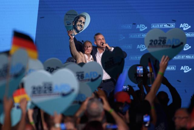 18 July 2026, Saxony-Anhalt, Magdeburg: Alice Weidel (L), federal co-chair of the AfD, stands on stage with Ulrich Siegmund, the party's lead candidate for the 2026 Saxony-Anhalt state election, during the launch of the AfD Saxony-Anhalt election campaign in Magdeburg. The state election in Saxony-Anhalt will be held on 6 September 2026. Photo: Klaus-Dietmar Gabbert/dpa