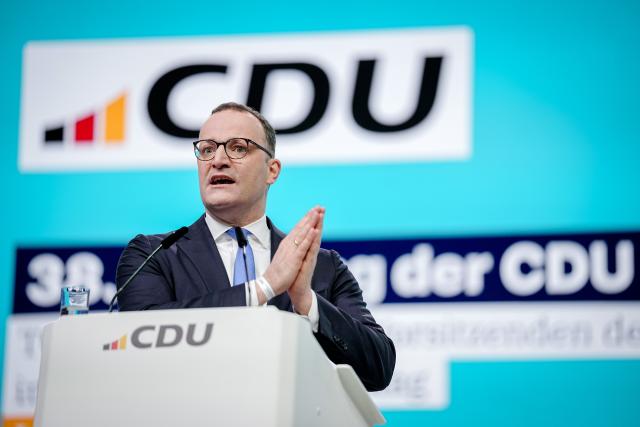 FILED - 21 February 2026, Baden-Württemberg, Stuttgart: FILE PHOTO - Jens Spahn, chairman of the CDU/CSU parliamentary group in the Bundestag, speaks at the Christian Democratic Union (CDU) national party convention. Photo: Kay Nietfeld/dpa