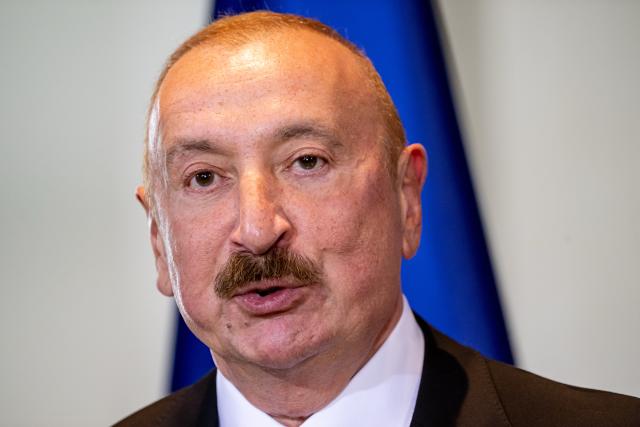 21 July 2026, Berlin: Ilham Aliyev, President of Azerbaijan, speaks during a press conference with German Chancellor Friedrich Merz following their meeting at the Federal Chancellery. Photo: Fabian Sommer/dpa