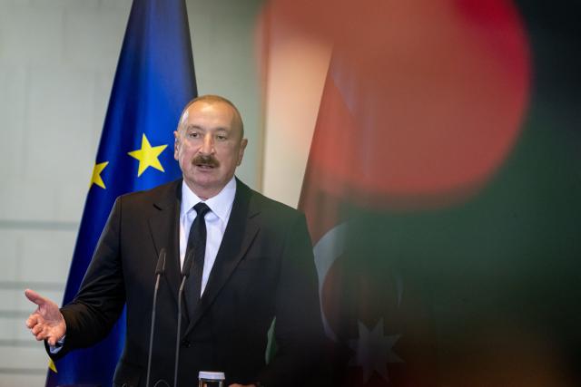 21 July 2026, Berlin: Ilham Aliyev, President of Azerbaijan, speaks during a press conference with German Chancellor Friedrich Merz following their meeting at the Federal Chancellery. Photo: Fabian Sommer/dpa