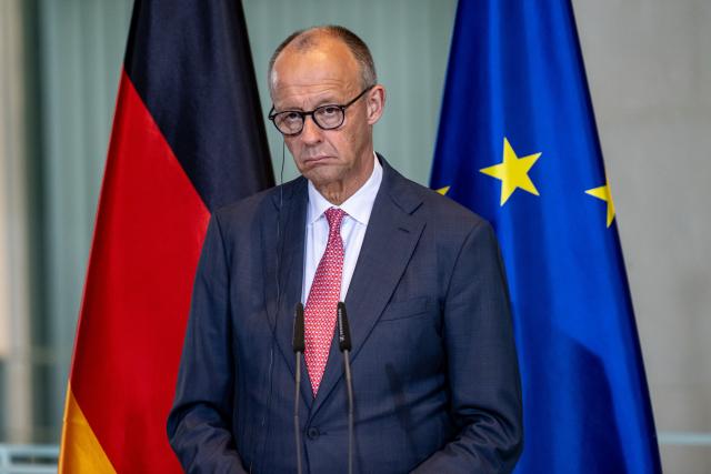 21 July 2026, Berlin: German Chancellor Friedrich Merz speaks during a press conference with Ilham Aliyev, President of Azerbaijan, following their meeting at the Federal Chancellery. Photo: Fabian Sommer/dpa