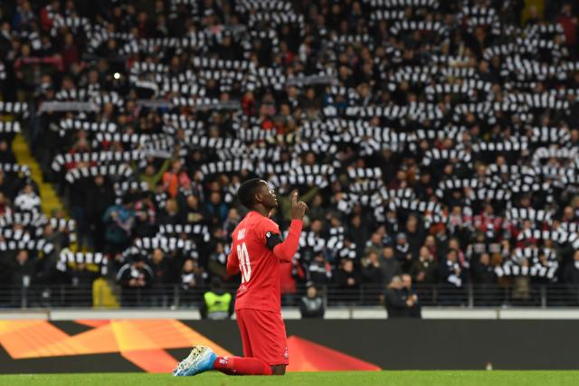 FILED - 20 February 2020, Hesse, Frankfurt_Main: FILE PHOTO - Salzburg's Patson Daka prays ahead of the UEFA Europa League round of 32 first leg soccer match between FC Red Bull Salzburg and Eintracht Frankfurt at Commerzbank-Arena. Photo: Arne Dedert/dpa