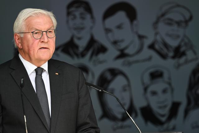 22 July 2026, Bavaria, Munich: German President Frank-Walter Steinmeier attends the memorial ceremony organized by the City of Munich to mark the 10th anniversary of the attack on the Olympia Shopping Center. Photo: Sven Hoppe/dpa