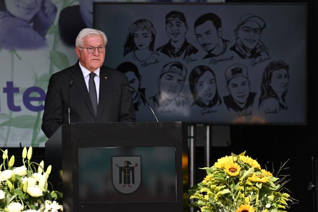 22 July 2026, Bavaria, Munich: German President Frank-Walter Steinmeier speaks during the memorial ceremony organized by the City of Munich to mark the 10th anniversary of the attack on the Olympia Shopping Center. Photo: Sven Hoppe/dpa