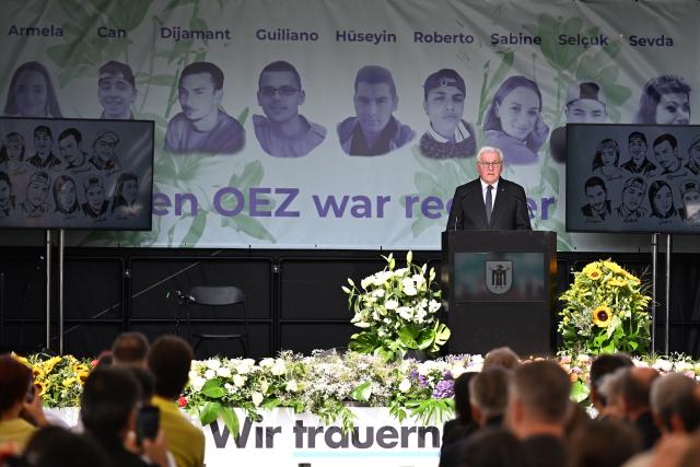 22 July 2026, Bavaria, Munich: German President Frank-Walter Steinmeier speaks during the memorial ceremony organized by the City of Munich to mark the 10th anniversary of the attack on the Olympia Shopping Center. Photo: Sven Hoppe/dpa