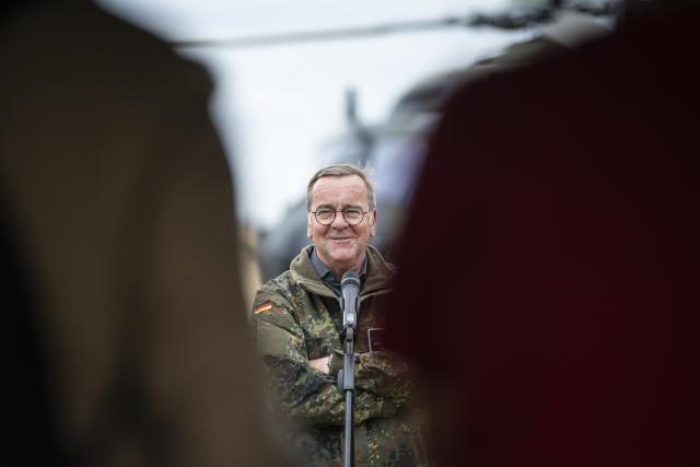 23 July 2026, Baden-Wuerttemberg, Hardheim: German Minister of Defense Boris Pistorius speaks at the press conference during his visit to Transport Helicopter Regiment 30. Photo: Hannes P. Albert/dpa