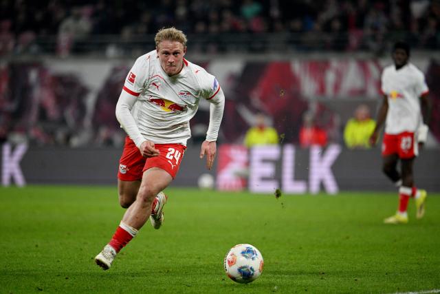 FILED - 20 March 2026, Saxony-Anhalt, Leipzig: FILE PHOTO - Leipzig'S Xaver Schlager in action during the German Bundesliga soccer match between RB Leipzig and TSG 1899 Hoffenheim at Red Bull Arena. Photo: Julius Frick/dpa