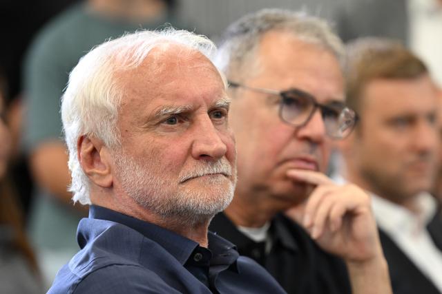 24 July 2026, Hesse, Frankfurt/Main: Rudi Voeller and Andreas Rettig attend a press conference to introduce the new national team head coach. Photo: Florian Wiegand/dpa
