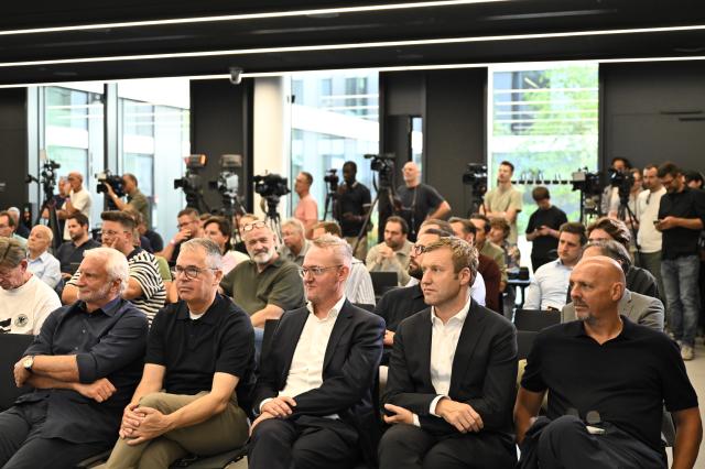 24 July 2026, Hesse, Frankfurt/Main: (L-R) Rudi Voeller, Andreas Rettig, Alexander Wehrle, Holger Blask and Marc Kosicke attend the press conference introducing the new national team head coach. Photo: Florian Wiegand/dpa