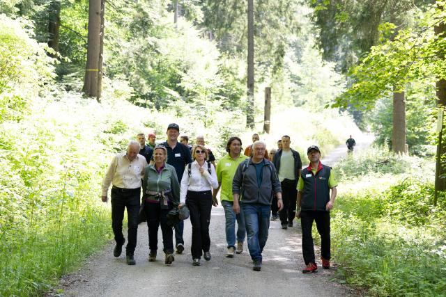 24 July 2026, Sachsen, Eibenstock: (L-R) Michael Ermrich, president of the German Hiking Association, Barbara Klepsch, Saxony's Minister of Culture and Tourism, Elke Buedenbender, German President Frank-Walter Steinmeier, and Henry Pansch of the Tourist Service Center hike along a trail by the Sosa Reservoir. The occasion is the installation of a trail marker, ahead of their visit to the Eibenstock Charcoal Kiln Experience. Photo: Sebastian Kahnert/dpa
