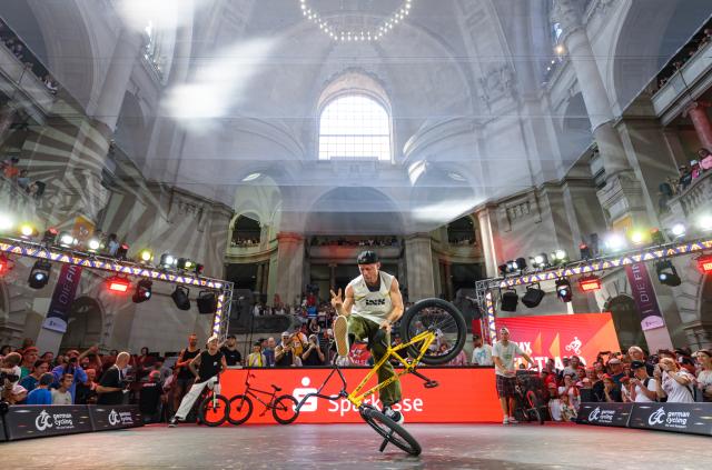 25 July 2026, Lower Saxony, Hanover: Germany's Chris Boehm competes on stage during the BMX Flatland German Championship, men's division, at the New City Hall. Photo: Robert Michael/dpa