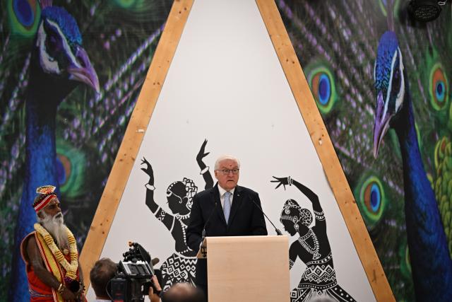 26 July 2026, North Rhine-Westphalia, Hamm: German President Frank-Walter Steinmeier is giving a speech at the grand temple festival of the Hindu community in Germany. Photo: Federico Gambarini/dpa