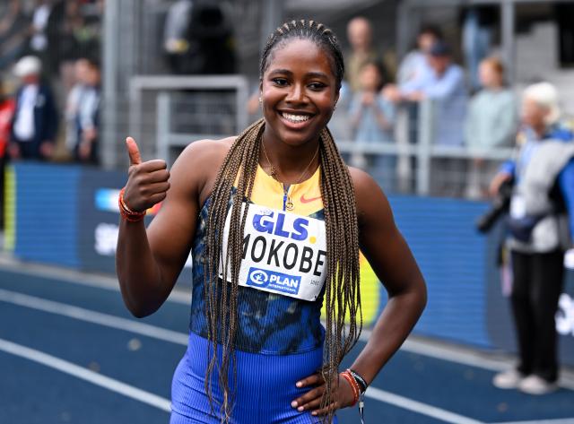 26 July 2026, North Rhine-Westphalia, Bochum: Germany's Judith Bilepo Mokobe celebrates at the finish line of the Women's 200-meter Final of the German Championships at Lohrheidestadion. Photo: Sven Hoppe/dpa