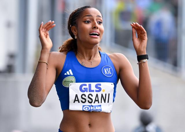 26 July 2026, North Rhine-Westphalia, Bochum: Germany's Mikaelle Assani celebrates after the Women's Long Jump Final of the German Championships at Lohrheidestadion. Photo: Sven Hoppe/dpa