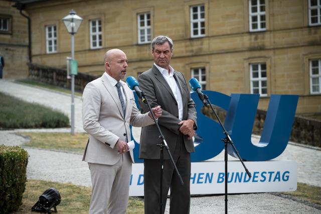 27 July 2026, Bavaria, Bad Staffelstein: Alexander Hoffmann (L), chairman of the CSU parliamentary group in the Bundestag, and Bavaria's Minister-President Markus Soeder (R) deliver a statement to the press at Banz Abbey. The media briefing marked the start of the CSU parliamentary group's summer retreat. Photo: Daniel Vogl/dpa