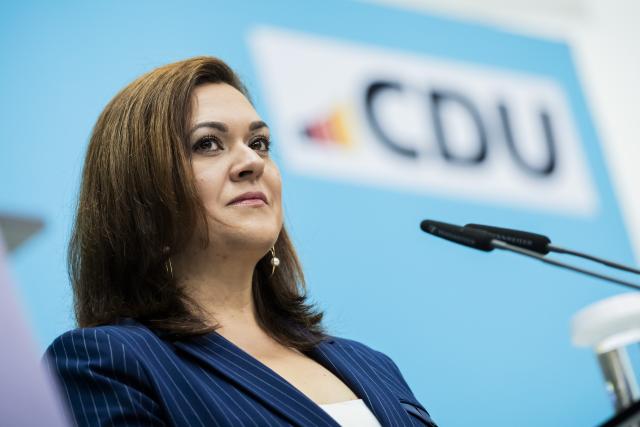 27 July 2026, Berlin: Franziska Hoppermann, the new CDU Secretary General, attends a press conference at the party's federal headquarters (Konrad-Adenauer-Haus). The media event was held to officially introduce her to the press. Photo: Christoph Soeder/dpa
