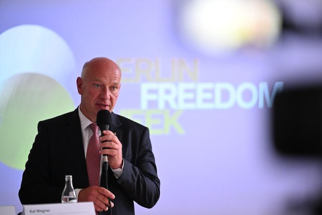 27 July 2026, Berlin: Berlin's Governing Mayor Kai Wegner speaks during a press conference marking the opening of the European headquarters of the World Liberty Congress. According to the organizers, the Congress is the largest alliance of democracy activists and freedom movements from authoritarian states. Photo: Soeren Stache/dpa