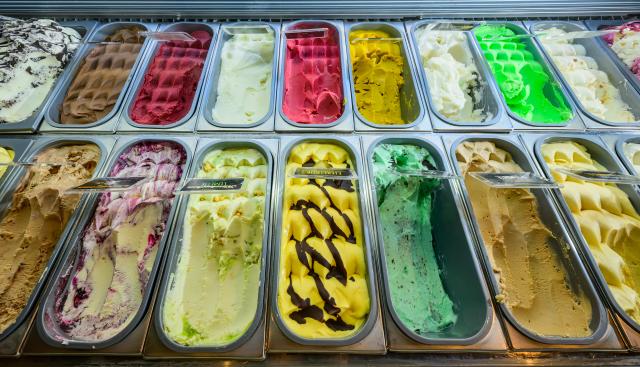 FILED - 24 June 2026, Brandenburg, Beeskow: File Photo - Various types of ice cream are on display at an ice cream shop. Photo: Patrick Pleul/dpa