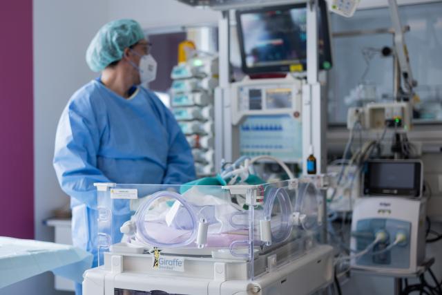 FILED - 29 February 2024, North Rhine-Westphalia, Essen: File Photo - Senior physician Mark Dzietko examines a newborn baby inside the neonatal intensive care unit at the Essen University Hospital perinatal centre. Photo: Rolf Vennenbernd/dpa