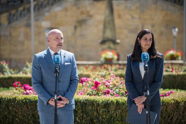 28 July 2026, Bavaria, Bad Staffelstein: German Christian Social Union (CSU) parliamentary group chairman Alexander Hoffmann (L) and Anita Orban, Deputy Prime Minister and Minister of Foreign Affairs of Hungary deliver a press statement on the second and final day of the CSU parliamentary group's summer retreat, at Banz Abbey. Photo: Daniel Vogl/dpa