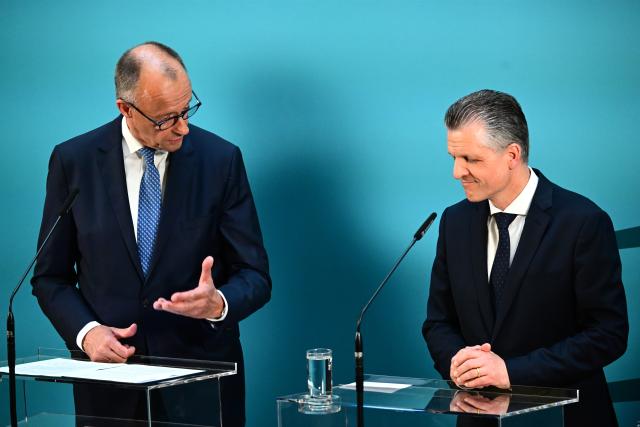 29 July 2026, Berlin: German Chancellor Friedrich Merz (L) and 
Thorsten Frei, the new chairman of the Christian Democratic Union (CDU) and the Christian Social Union (CSU) parliamentary group in the Bundestag, speak during a press conference following a special meeting of the CDU/CSU parliamentary group to elect its chairman. Photo: Sebastian Gollnow/dpa
