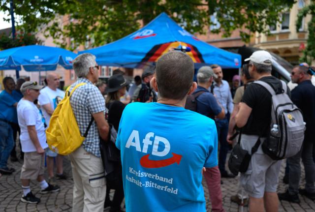 31 July 2026, Saxony-Anhalt, Bitterfeld-Wolfen: Visitors to an AfD information booth stand in the market square in Bitterfeld around Ulrich Siegmund (3-R), the AfD's top candidate in Saxony-Anhalt. The AfD is leading in the polls for the state election. Voters in Saxony-Anhalt will elect a new state parliament on September 6. Photo: Hendrik Schmidt/dpa